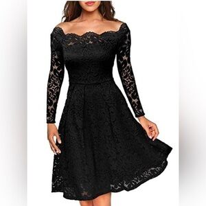 MISSMAY Vintage Floral Lace Long Sleeve Boat Neck Cocktail Party Swing Dress XXL